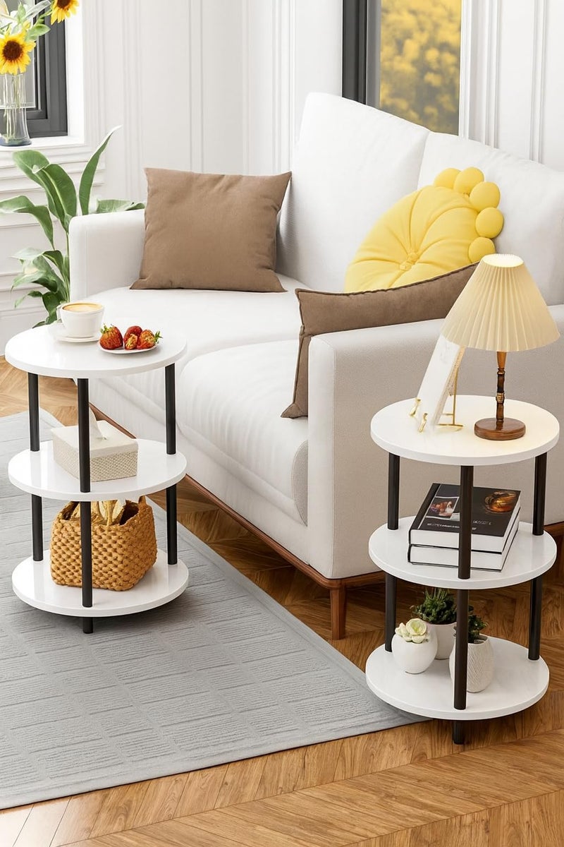 Silant Makers 3-Tier Round Bedside Table for Bedroom | Modern Nightstand with Storage Shelves | High Height Side Table for Bed | Round Bedside Stand for Home Decor & Living Room (White) - Image 2