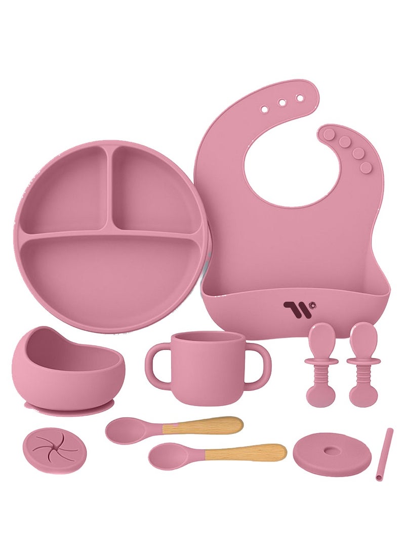 S2C 11 Pcs Silicone Baby Feeding Set, Baby Led Weaning Set, Feeding Supplies for Toddlers New Born Baby Gift Set, Suction Silicone Baby Plate with Divider,Baby Feeder,Bib,Spoon  - Image 1
