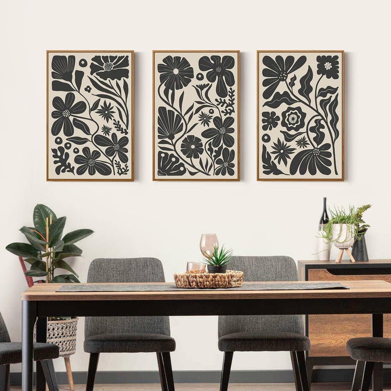 Ausril Black Floral Botanical Framed Canvas Wall Art Set, Abstract Floral Market Wall Decor, Modern Vintage Wall Painting, Boho Minimalist Art Print for Living Room Girl Room Office 16"x24"x3 - Image 4