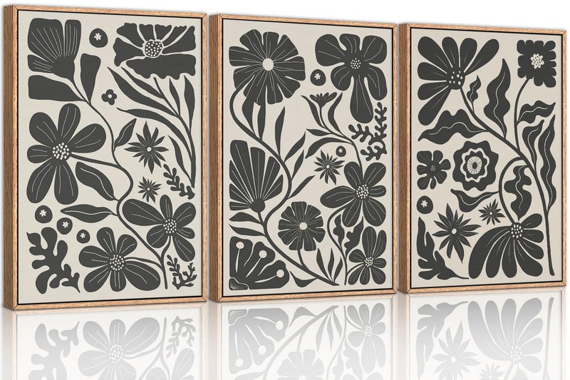 Ausril Black Floral Botanical Framed Canvas Wall Art Set, Abstract Floral Market Wall Decor, Modern Vintage Wall Painting, Boho Minimalist Art Print for Living Room Girl Room Office 16"x24"x3 - Image 1