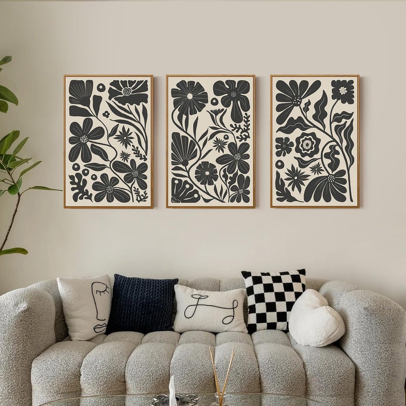 Ausril Black Floral Botanical Framed Canvas Wall Art Set, Abstract Floral Market Wall Decor, Modern Vintage Wall Painting, Boho Minimalist Art Print for Living Room Girl Room Office 16"x24"x3 - Image 2