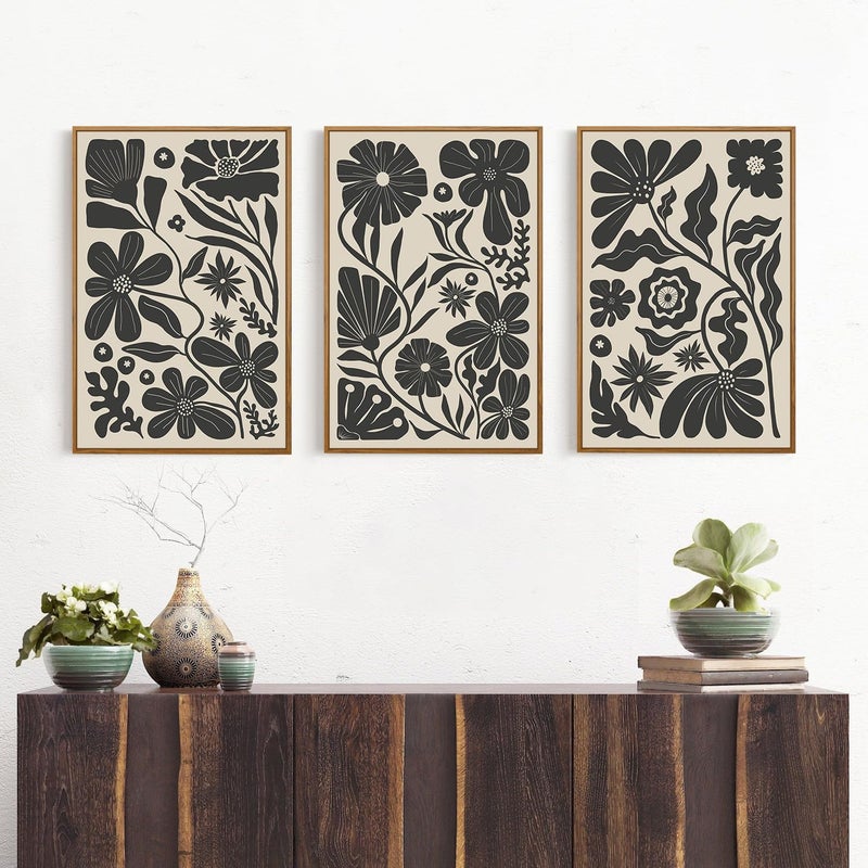 Ausril Black Floral Botanical Framed Canvas Wall Art Set, Abstract Floral Market Wall Decor, Modern Vintage Wall Painting, Boho Minimalist Art Print for Living Room Girl Room Office 16"x24"x3 - Image 5