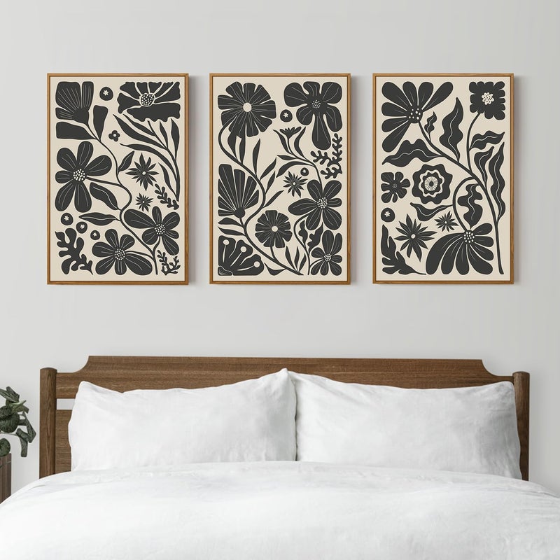 Ausril Black Floral Botanical Framed Canvas Wall Art Set, Abstract Floral Market Wall Decor, Modern Vintage Wall Painting, Boho Minimalist Art Print for Living Room Girl Room Office 16"x24"x3 - Image 3