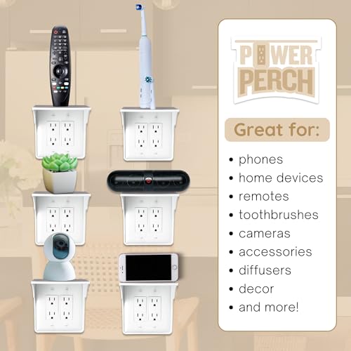 Storage Theory Power Perch Double Outlet Shelf with Cord Storage – Wall Outlet Shelf for Electric Toothbrush & Bathroom Organization – Small Wall Shelves for Apple Homepod Mini, Alexa Holder – White, 1-Pack - Image 5