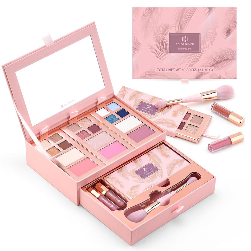 Color Nymph Complete Makeup Palette Set - 2025 Trendy Colors, Cruelty-Free, Ideal for Daily, Festival, Party, and Professional Use, with Detachable Jewelry Compartments, All-in-One Gift Set (Pink)