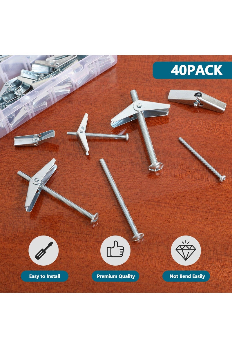 ZFHDBM 40Pcs Heavy Duty Hollow Wall Anchors for Drywall Ceiling, Toggle Bolts and Wing Nut Kit, Metal Drywall Anchors and Screws Assortment Set, 3 Sizes Butterfly Anchors for Hanging 1/8, 3/16, 1/4 - Image 2