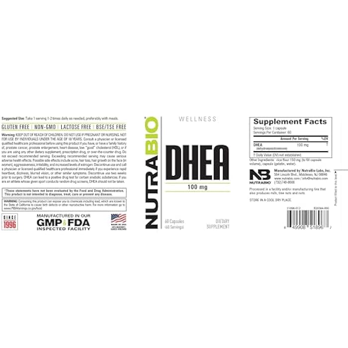 NutraBio DHEA Supplement- for Men and Women- DHEA (100 mg) 60 Capsules - Image 3