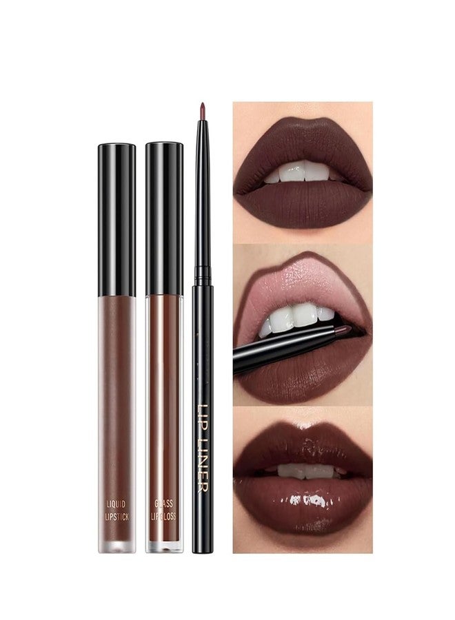 Futaba 3 In 1 Lip Gloss Set With Matte Lipstick,Moisturizing Lip Gloss And 2mm Lip Liner - Hot chocolate - Image 5