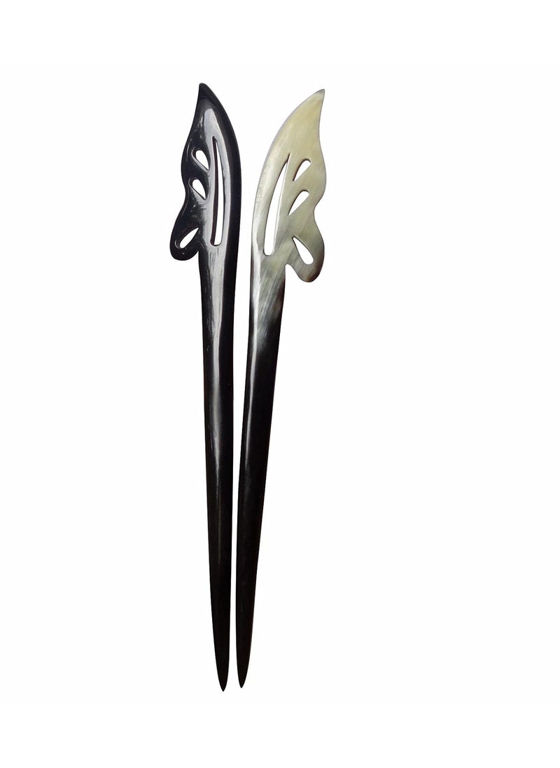 Handicraftviet Buffalo Horn Hair sticks Handmade Hair Sticks are Carved by Hand Hair chopstick for Buns Hair Chopsticks for Women Natural horn Butterfly hair sticks black 