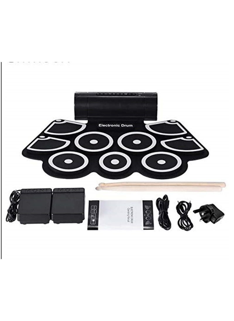 null - Electronic Roll Up Drum Pad Set 9 Silicon Pads Built-in Speakers with Drumsticks Foot Pedals - Image 1