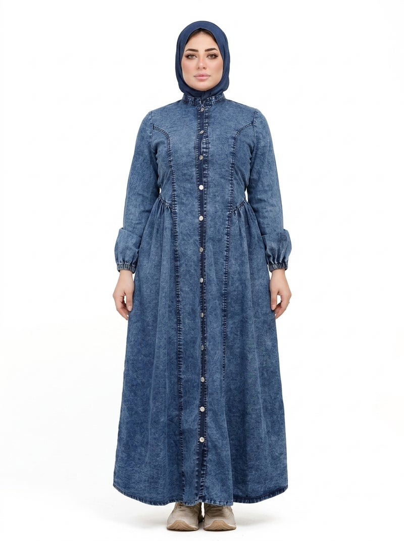 Light Jeans - Long Denim Dress with Front Buttons and Long Sleeves, Dark Blue Color, Suitable for Daily & Formal Occasions, Practical & Elegant Model Fits All Sizes - Size XL (70 KG) - Image 1