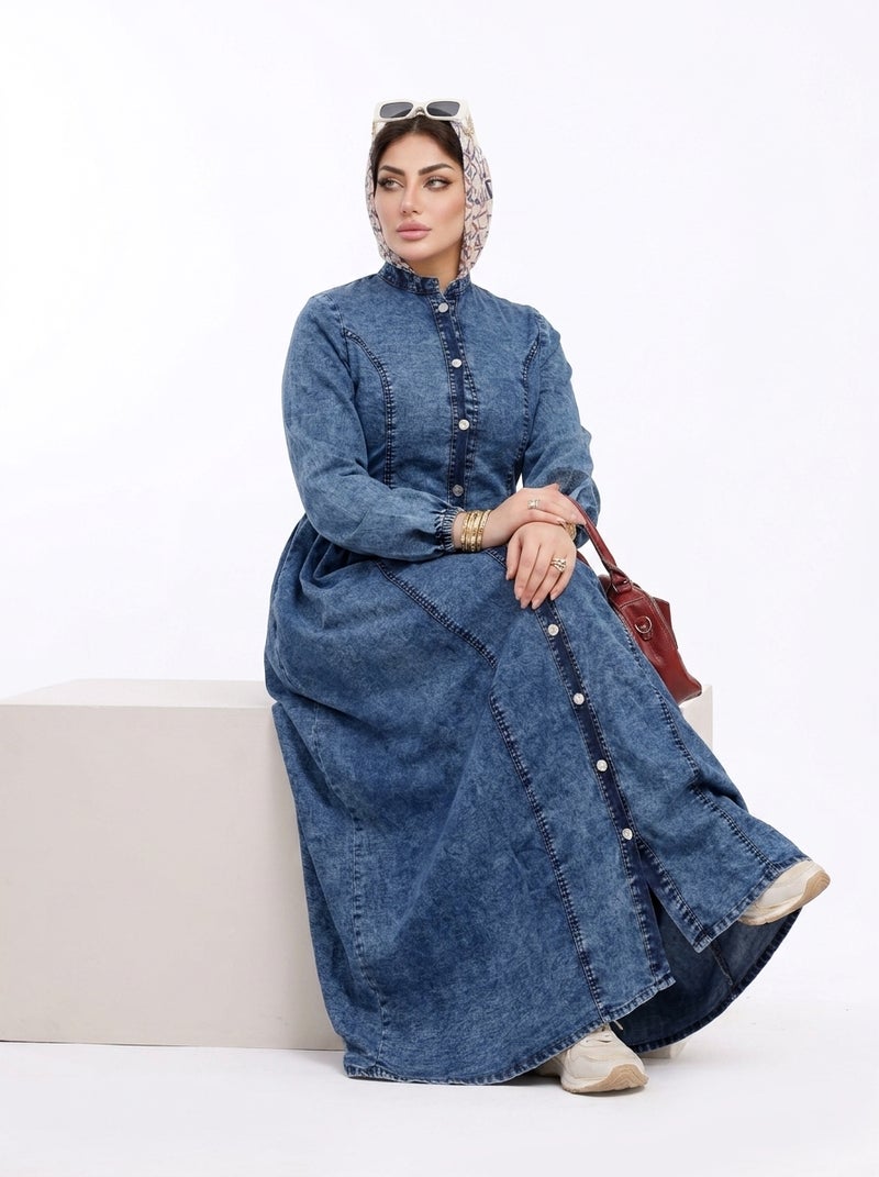 Light Jeans - Long Denim Dress with Front Buttons and Long Sleeves, Dark Blue Color, Suitable for Daily & Formal Occasions, Practical & Elegant Model Fits All Sizes - Size XL (70 KG) - Image 4