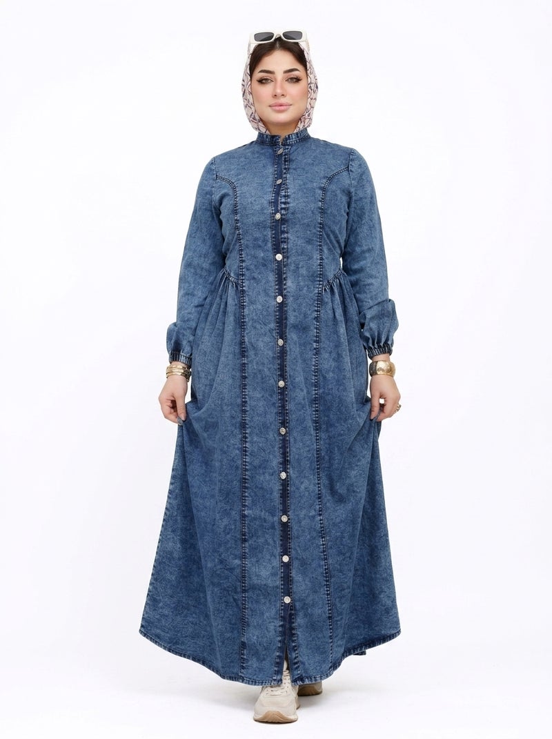 Light Jeans - Long Denim Dress with Front Buttons and Long Sleeves, Dark Blue Color, Suitable for Daily & Formal Occasions, Practical & Elegant Model Fits All Sizes - Size XL (70 KG) - Image 3