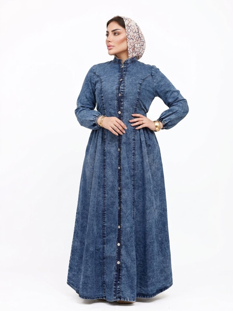 Light Jeans - Long Denim Dress with Front Buttons and Long Sleeves, Dark Blue Color, Suitable for Daily & Formal Occasions, Practical & Elegant Model Fits All Sizes - Size XL (70 KG) - Image 2