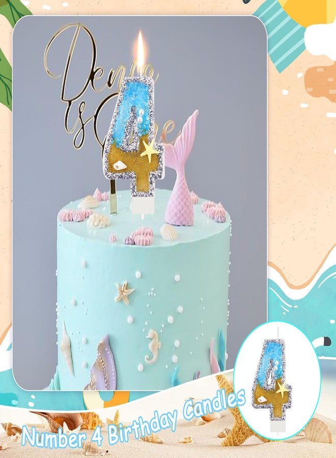 LEBERY Blue Number 4 Birthday Candle Beach Starfish Number 4 Cake Candle Glitter Sequins Birthday Number Cake Topper Candle Blue Mermaid Summer Ocean Themed Birthday Wedding Decorations - Image 4