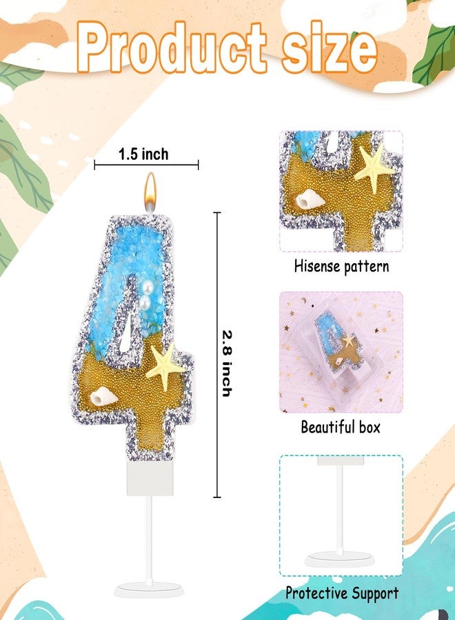 LEBERY Blue Number 4 Birthday Candle Beach Starfish Number 4 Cake Candle Glitter Sequins Birthday Number Cake Topper Candle Blue Mermaid Summer Ocean Themed Birthday Wedding Decorations - Image 5