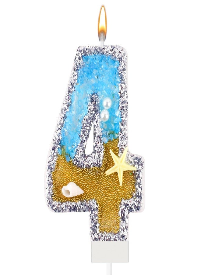 LEBERY Blue Number 4 Birthday Candle Beach Starfish Number 4 Cake Candle Glitter Sequins Birthday Number Cake Topper Candle Blue Mermaid Summer Ocean Themed Birthday Wedding Decorations - Image 1