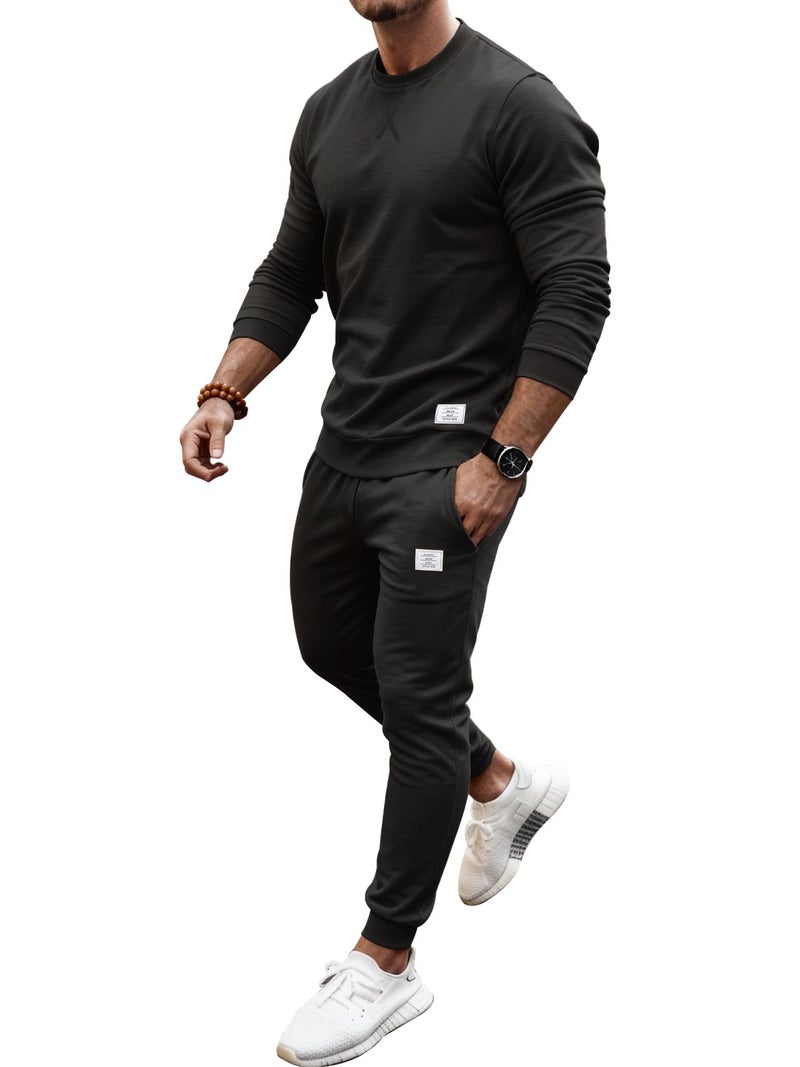 PLEPAN Men's 2 Piece Sweatsuit Lightweight Long Sleeve Crewneck Pullover Jogger Sweatpants Matching Lounge Sets Casual Athletic Outfits Tracksuit Black X-Large - Image 1