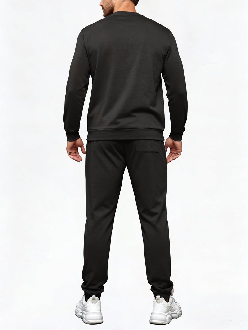 PLEPAN Men's 2 Piece Sweatsuit Lightweight Long Sleeve Crewneck Pullover Jogger Sweatpants Matching Lounge Sets Casual Athletic Outfits Tracksuit Black X-Large - Image 3
