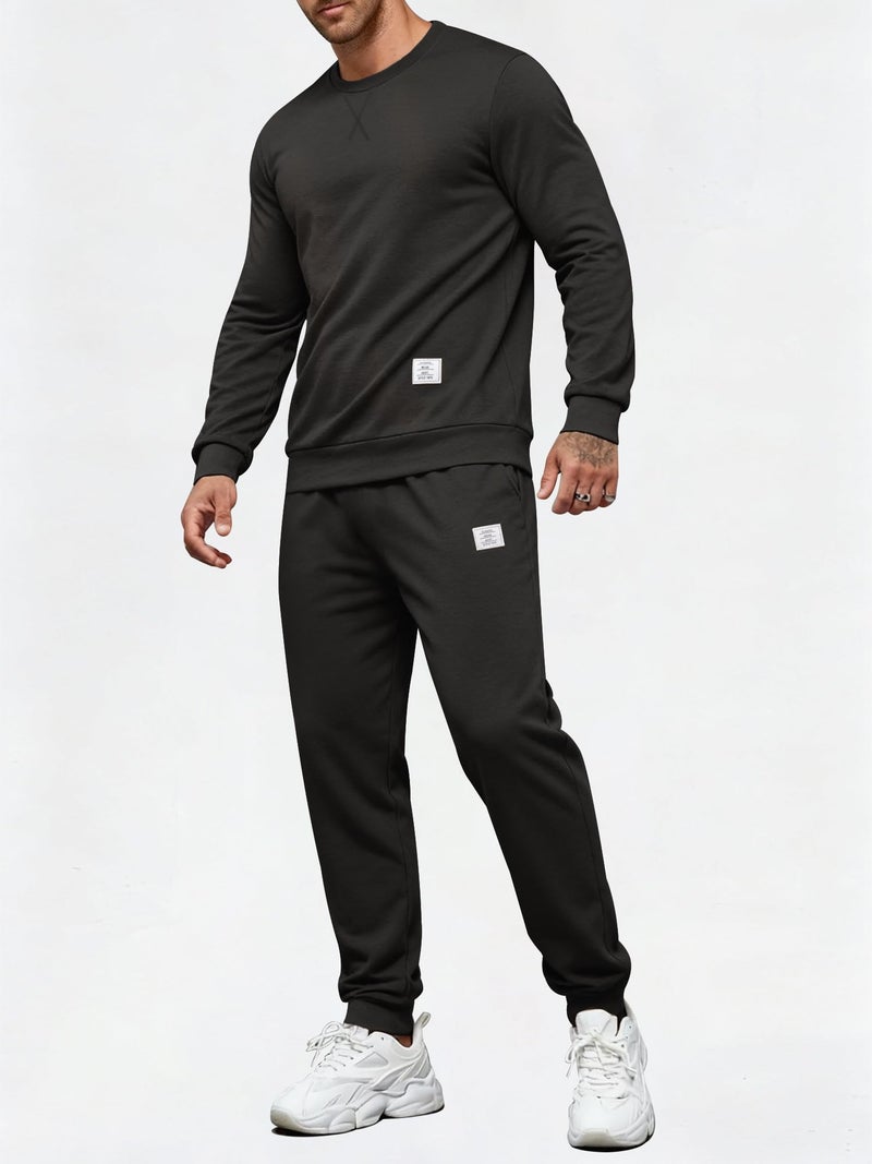 PLEPAN Men's 2 Piece Sweatsuit Lightweight Long Sleeve Crewneck Pullover Jogger Sweatpants Matching Lounge Sets Casual Athletic Outfits Tracksuit Black X-Large - Image 2