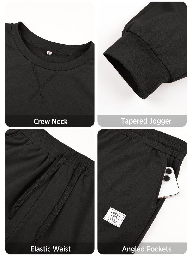 PLEPAN Men's 2 Piece Sweatsuit Lightweight Long Sleeve Crewneck Pullover Jogger Sweatpants Matching Lounge Sets Casual Athletic Outfits Tracksuit Black X-Large - Image 5