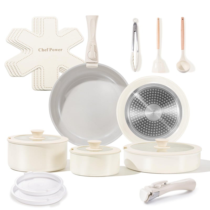 Chef Power Ceramic Nonstick Pots and Pans Set 19 Piece with Detachable Handle Induction Dishwasher Oven Safe Cookware Set RV Kitchen Set Removable Handle Granite Grey and White