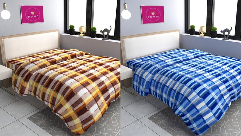 BREVARD BREVARD Single Bed Woolen Fabric Checkered Quilt CoverDuvet CoverRajai CoverBlanket Cover for Winter 60x90 Inches Blue and Brown Combo of 2  - Image 1
