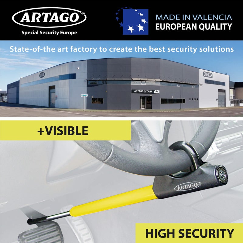 Artago 871A/B Steering Wheel Brake Pedal Lock, Yellow, Key Lock, Made in Europe, High Security, Adjustable Length, Easy Hook System - Image 2