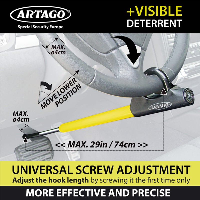 Artago 871A/B Steering Wheel Brake Pedal Lock, Yellow, Key Lock, Made in Europe, High Security, Adjustable Length, Easy Hook System - Image 5