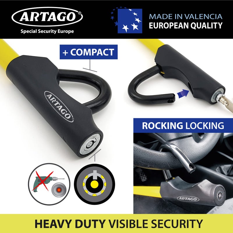 Artago 871A/B Steering Wheel Brake Pedal Lock, Yellow, Key Lock, Made in Europe, High Security, Adjustable Length, Easy Hook System - Image 3