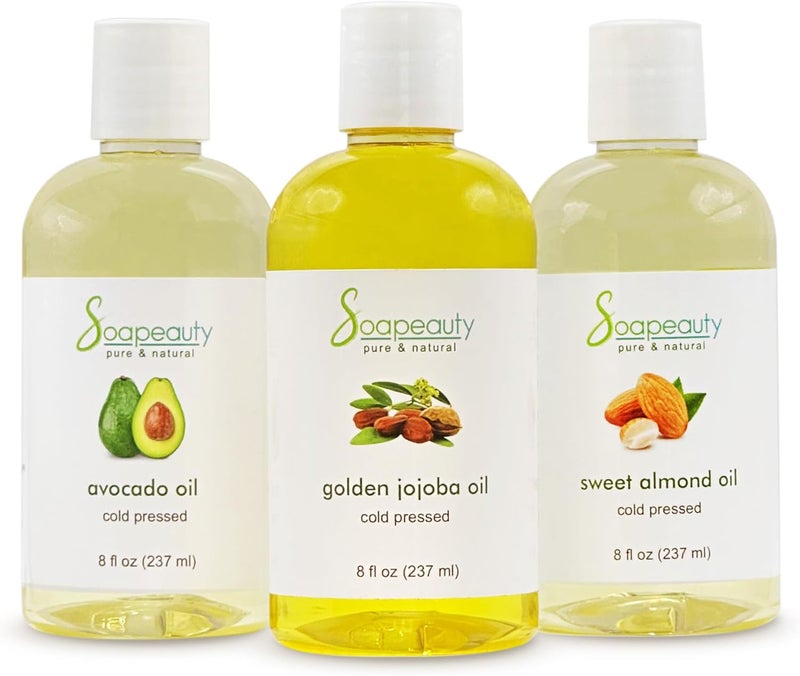 Soapeauty Sweet Almond Oil  Golden Jojoba Oil  Avocado Oil  Pack of 3  Cold Pressed  Carrier for Essential Oils Moisturizer for Skin Face  Hair Soap Making  8 fl oz Each