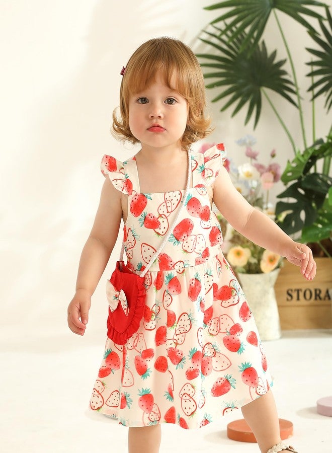 Mioglrie 18-24 Months Girl Clothes Baby Girls Dress Infant Summer Outfits Toddler Casual Ruffle Sleeve Strawberry Red Sundress with Cute Red Bag - Image 2