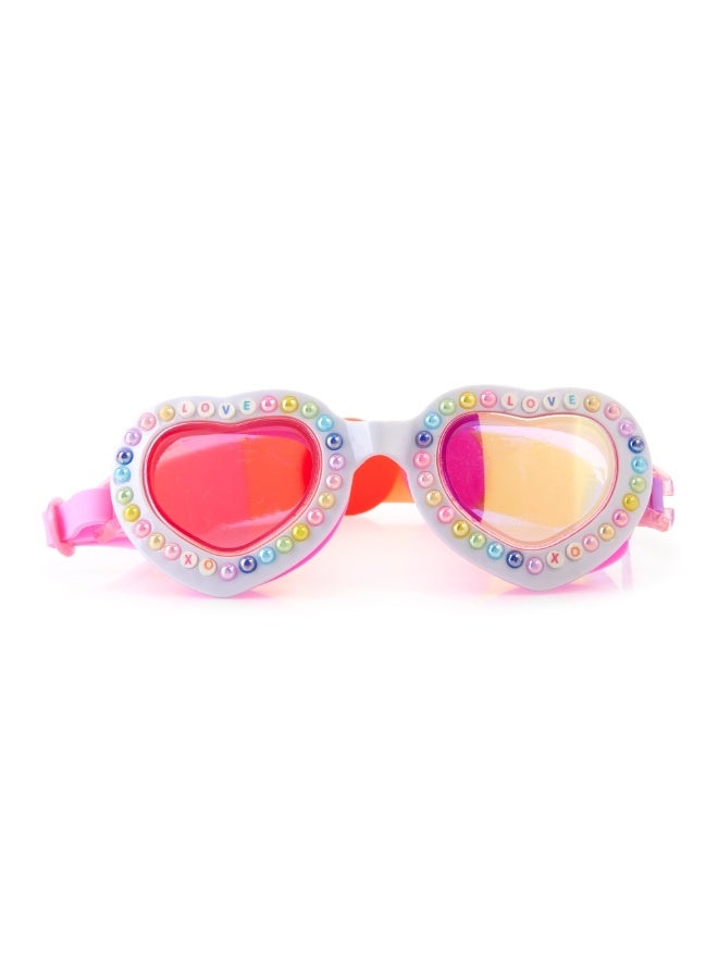 بلينج2O Bling2o Charmed Pearl Crush Kids' Swim Goggles – White Heart Frame with Pearls, UV Protection, Anti-Fog, Latex-Free Silicone, Adjustable Strap with Emoji Sliders, Ages 6+ - Image 1