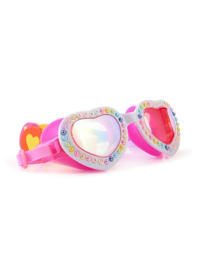 بلينج2O Bling2o Charmed Pearl Crush Kids' Swim Goggles – White Heart Frame with Pearls, UV Protection, Anti-Fog, Latex-Free Silicone, Adjustable Strap with Emoji Sliders, Ages 6+ - Image 2
