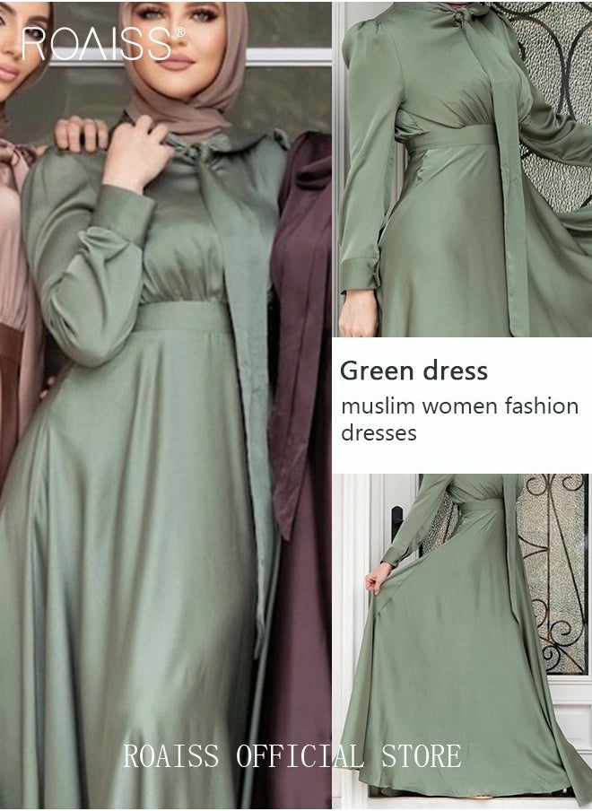 roaiss - Women's Silk Dress Satin Long-Sleeved Dress Fashion Large Hemline High Waistline Trailing Floor - Image 1