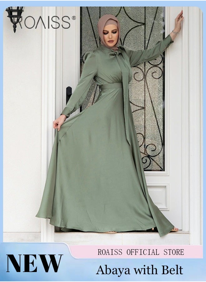roaiss - Women's Silk Dress Satin Long-Sleeved Dress Fashion Large Hemline High Waistline Trailing Floor - Image 1