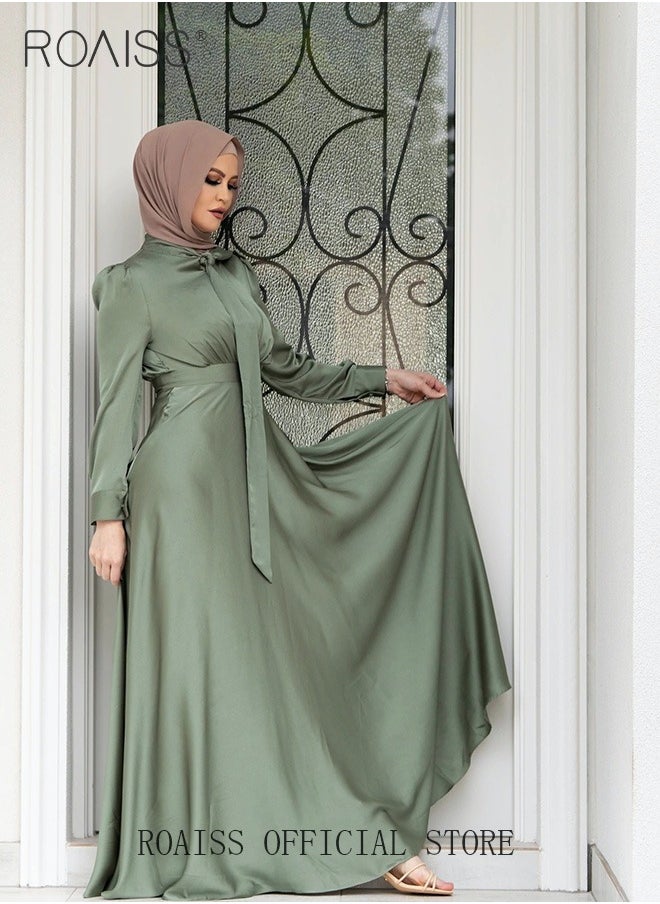 roaiss - Women's Silk Dress Satin Long-Sleeved Dress Fashion Large Hemline High Waistline Trailing Floor - Image 1