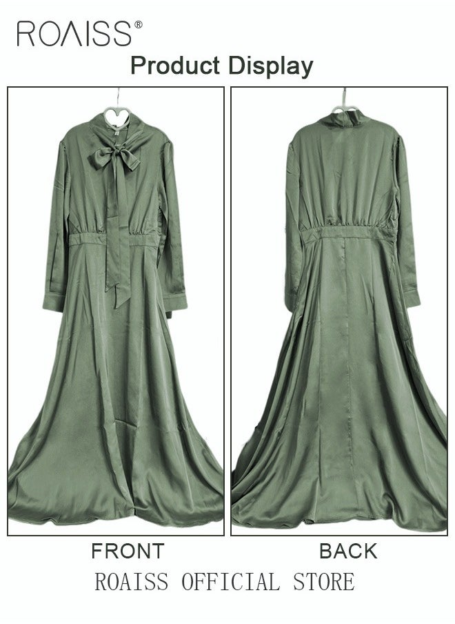 roaiss - Women's Silk Dress Satin Long-Sleeved Dress Fashion Large Hemline High Waistline Trailing Floor - Image 1