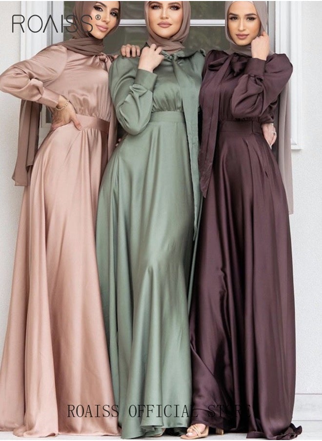 roaiss - Women's Silk Dress Satin Long-Sleeved Dress Fashion Large Hemline High Waistline Trailing Floor - Image 1