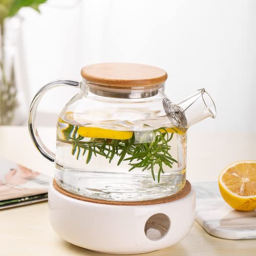Castanea Glass Water Jug, 1 Litre, Heat Resistant Water Jug with Wooden lid, Large Handle, Transparent, 1000 ml, Pack of 1 - Image 1