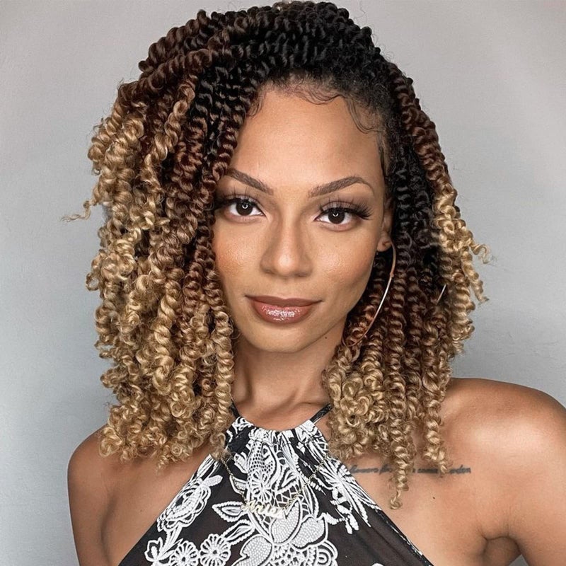 Leeven Pre Twisted Passion Twist Crochet Hair 10 Inch 8 Packs Pre Looped Ombre Blonde Bomb Twists 3 Tone Short Curly Bohemian Synthetic Braiding Hair for Black Women 12 StrandsPack 1B3027