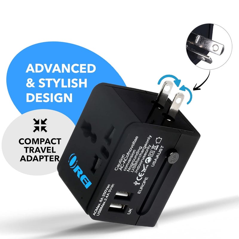 OREI Universal Travel Adapter with 2 USB Ports 3 in 1 Universal Charger International Travel Adapter for Cell Phones Tablets Camera for Travelers to US Europe UK More - Image 2