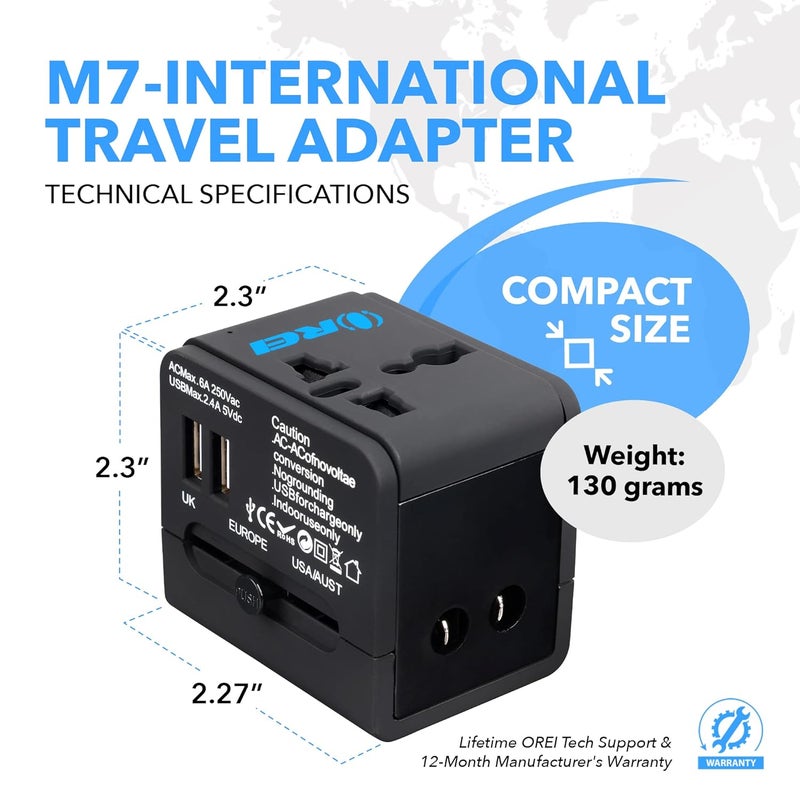 OREI Universal Travel Adapter with 2 USB Ports 3 in 1 Universal Charger International Travel Adapter for Cell Phones Tablets Camera for Travelers to US Europe UK More - Image 5