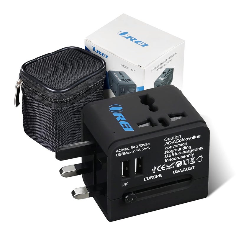 OREI Universal Travel Adapter with 2 USB Ports 3 in 1 Universal Charger International Travel Adapter for Cell Phones Tablets Camera for Travelers to US Europe UK More - Image 1