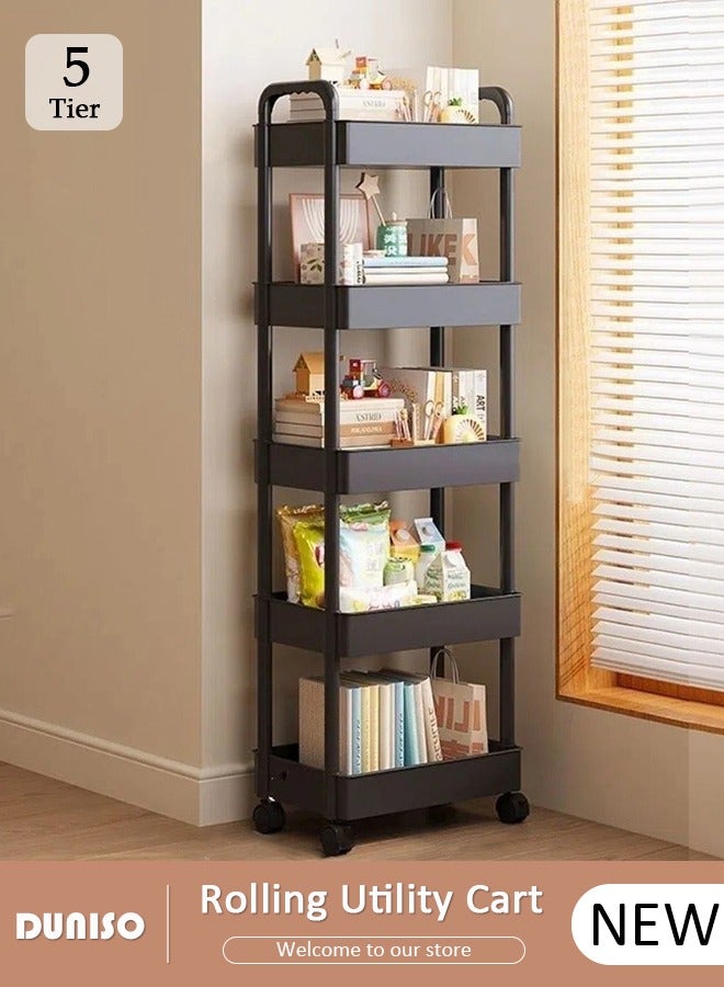 DUNISO 5 Tier Rolling Utility Cart Multifunctional Storage Organizer with Wheels Plastic Storage Cart Multipurpose Storage Rack for Bathroom Kitchen Laundry Bedroom Office(Black)  - Image 1