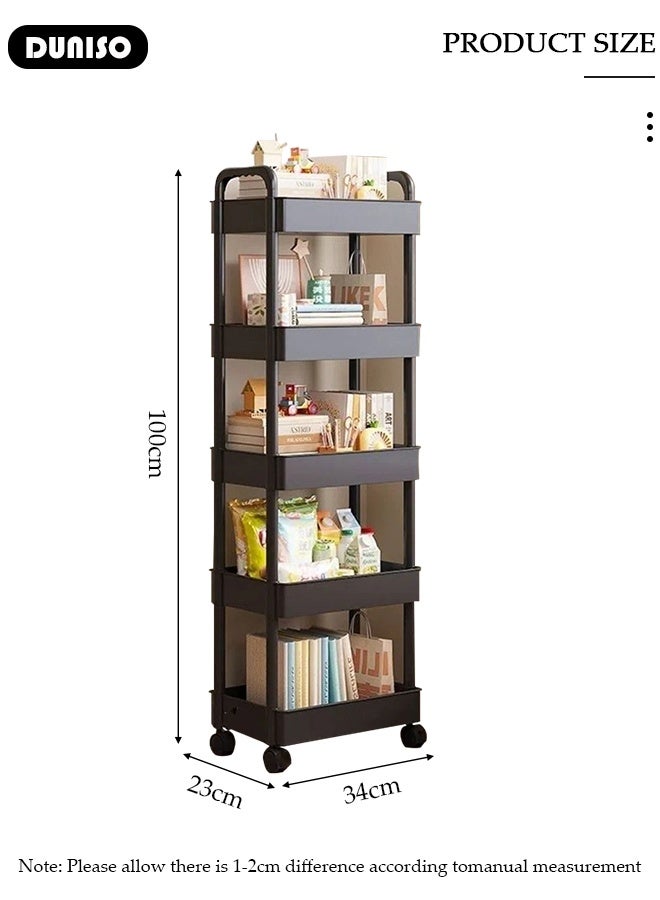 DUNISO 5 Tier Rolling Utility Cart Multifunctional Storage Organizer with Wheels Plastic Storage Cart Multipurpose Storage Rack for Bathroom Kitchen Laundry Bedroom Office(Black)  - Image 2