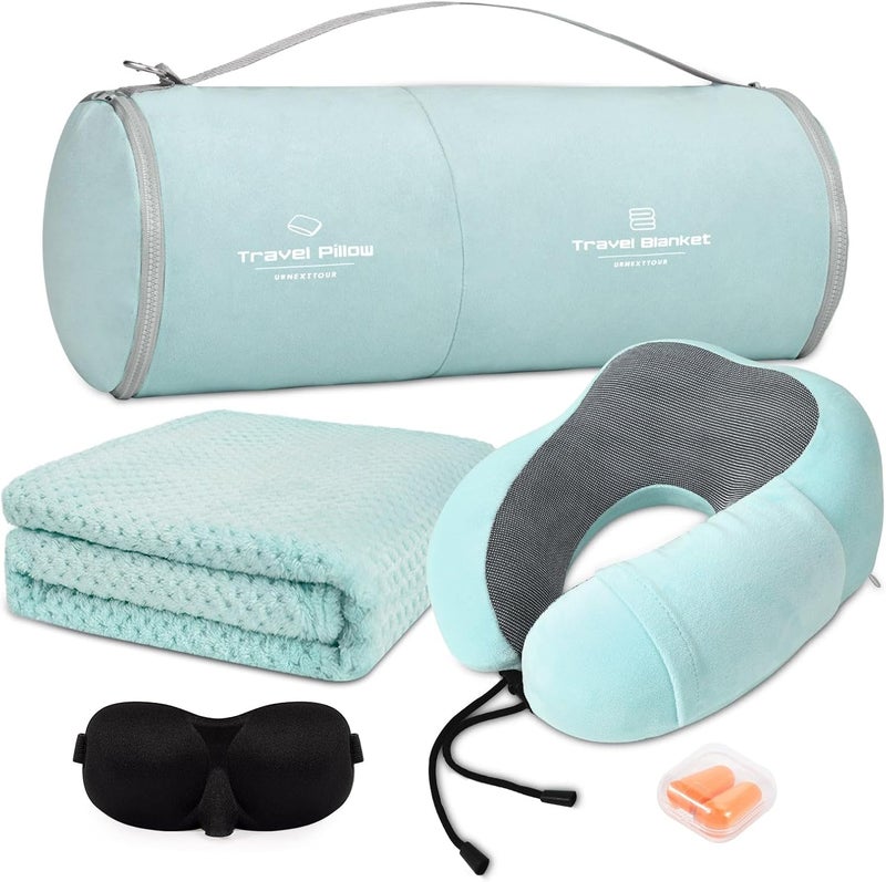 urnexttour Travel Pillow and Blanket Set Neck Pillows Soft Blankets with Sleep Mask Travel Essentials for Airplane Car Memory Foam Blue Green - Image 1