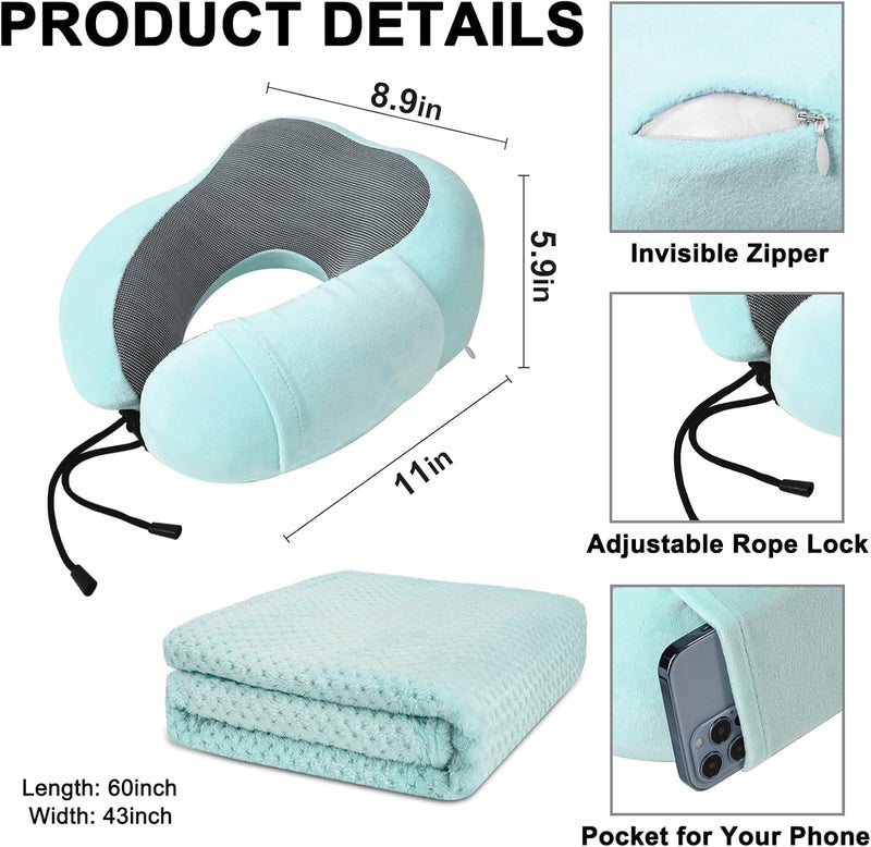 urnexttour Travel Pillow and Blanket Set Neck Pillows Soft Blankets with Sleep Mask Travel Essentials for Airplane Car Memory Foam Blue Green - Image 4