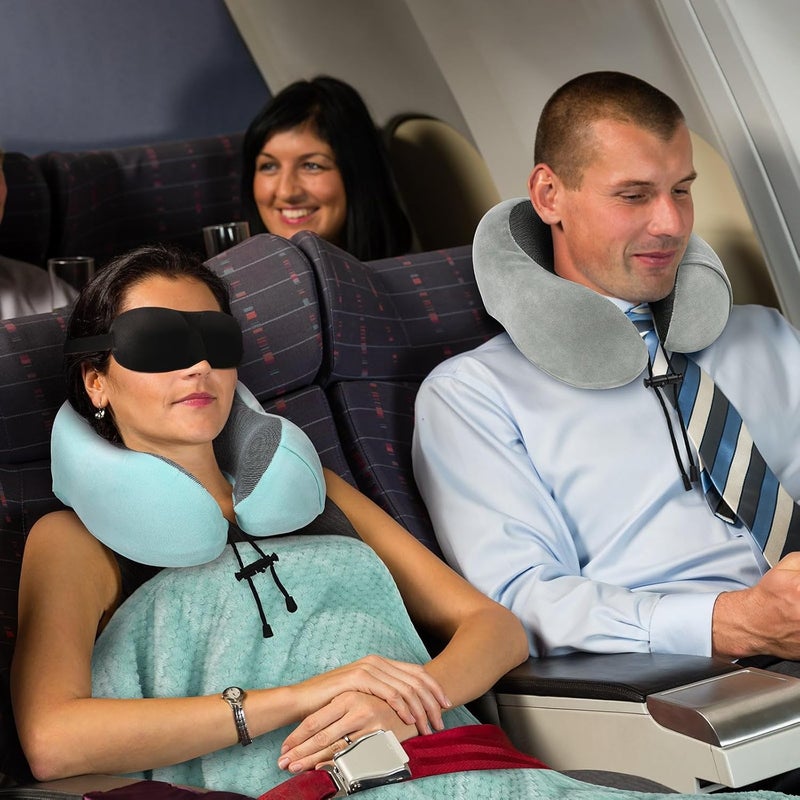 urnexttour Travel Pillow and Blanket Set Neck Pillows Soft Blankets with Sleep Mask Travel Essentials for Airplane Car Memory Foam Blue Green - Image 5