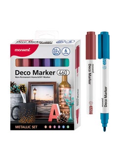 Monami MONAMI Deco Marker 460, Bullet Tip (2.0mm), Water-Based Premium Acrylic Paint Markers for Home Decorations, Arts, Crafts, METALLIC 6-Pack (M-Red, M-Blue, M-Pink, M-Green, M-Violet, M-Brown)  - Image 1